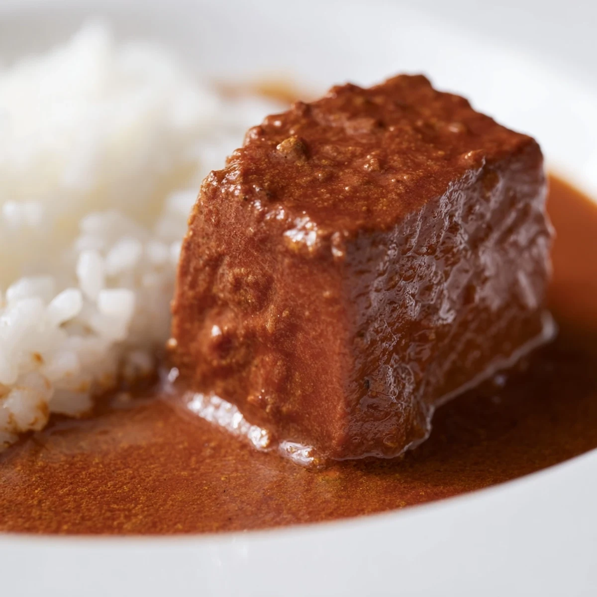 Tender chunks of Spicy Beef Curry simmer in a rich, aromatic gravy, served over a mound of fluffy basmati rice in a white bowl.  
