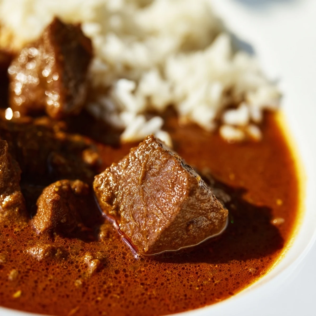A close-up view of Spicy Beef Curry and basmati rice garnished with fresh cilantro, showing the steam rising from the hearty meal.  