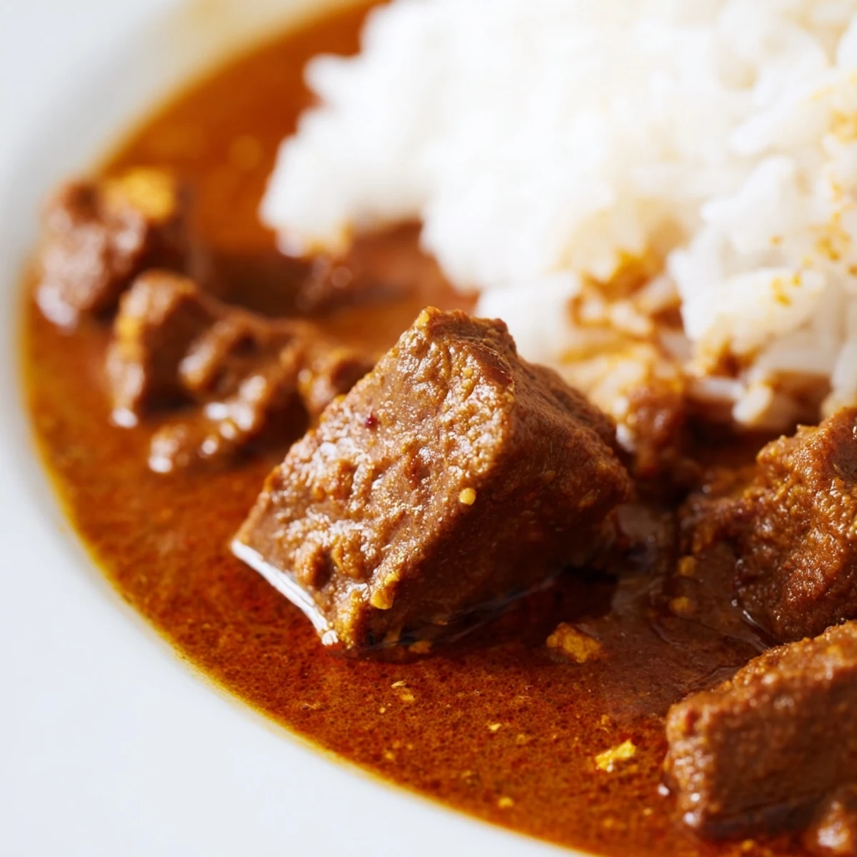 A rustic ceramic bowl holds golden basmati rice topped with simmering Spicy Beef Curry, ready to be enjoyed by the family.