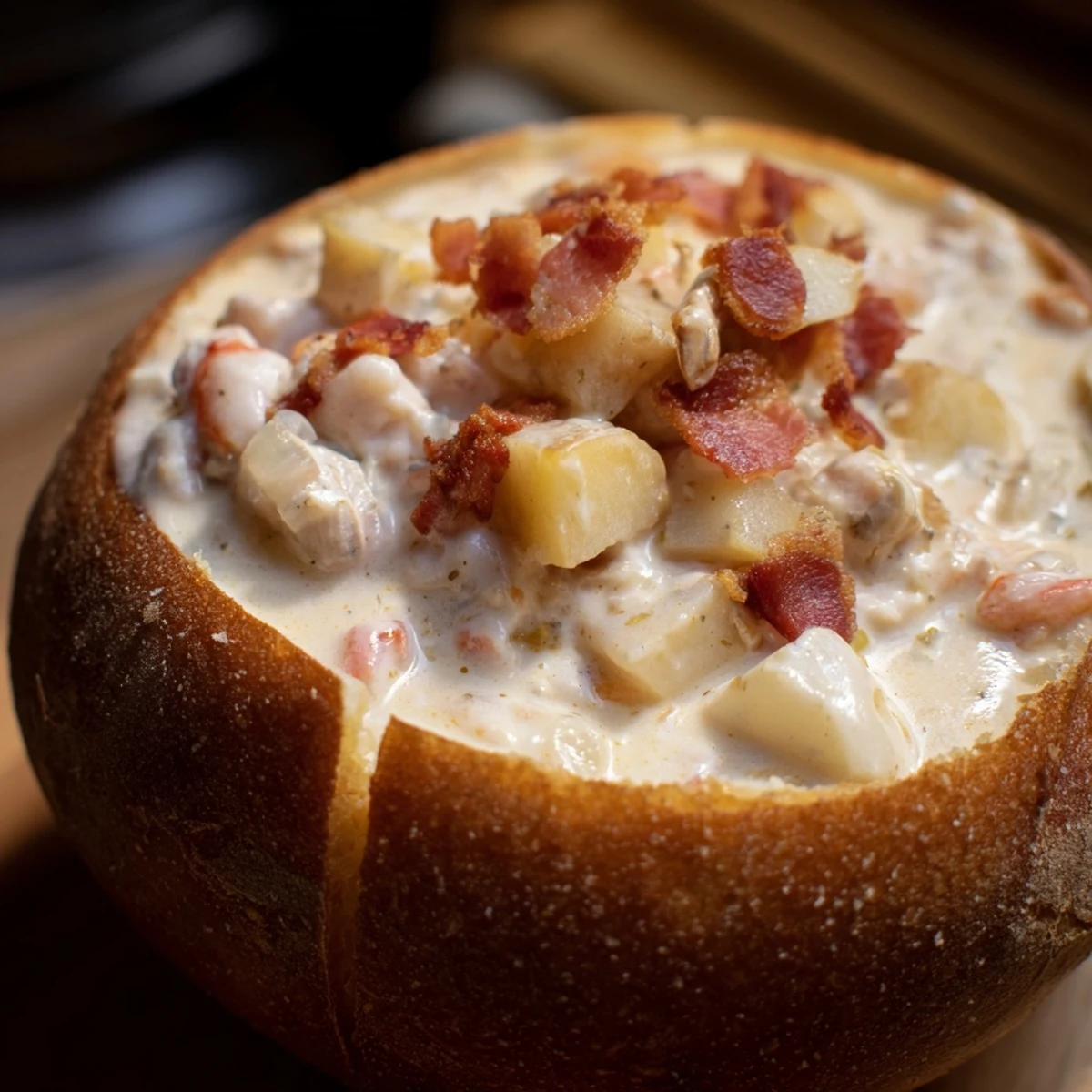 Creamy clam chowder in a sourdough bread bowl garnished with crispy bacon and fresh parsley on a rustic table.  