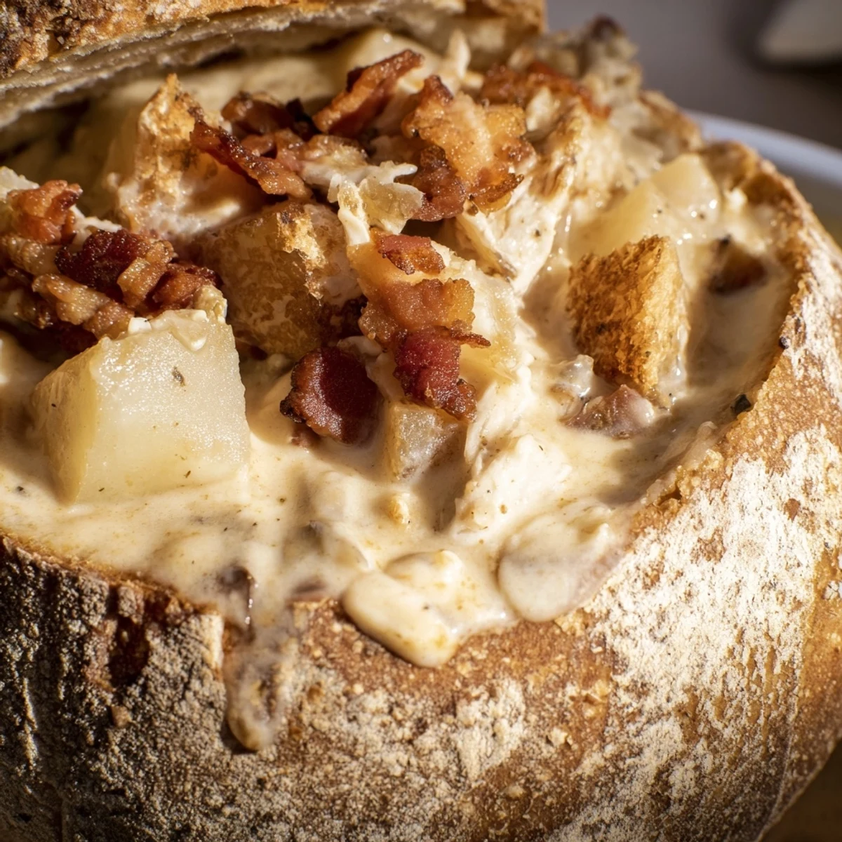 A warm sourdough bread bowl filled with velvety New England clam chowder, perfect for cozy family dinners.  