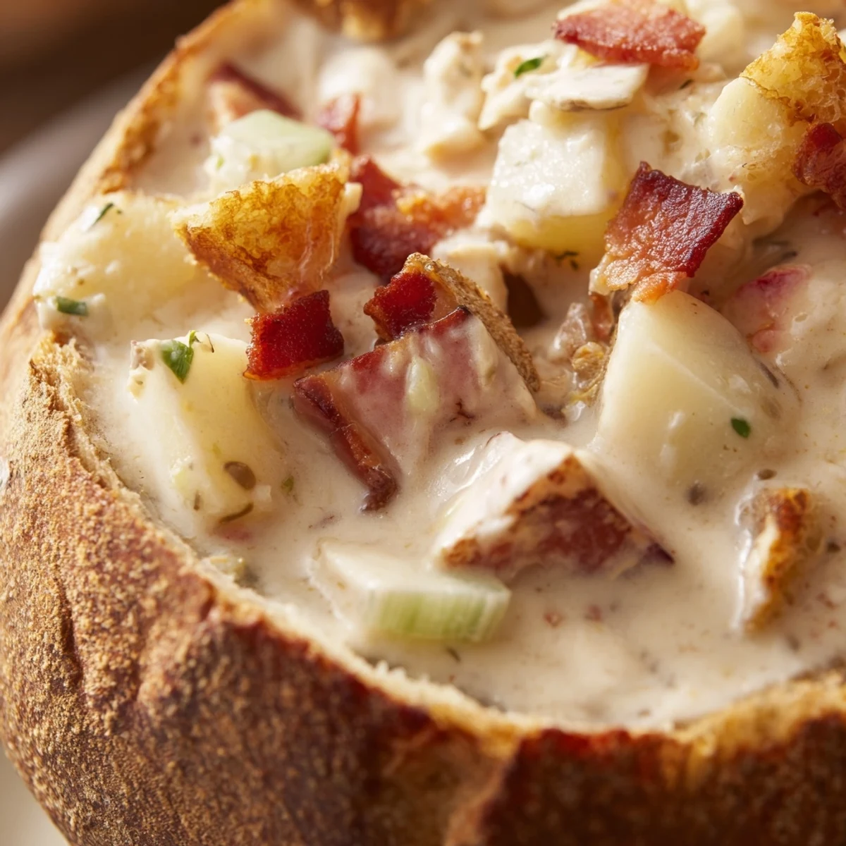 Close-up of creamy clam chowder in a toasted sourdough bowl, with tender potatoes and smoky bacon bits.