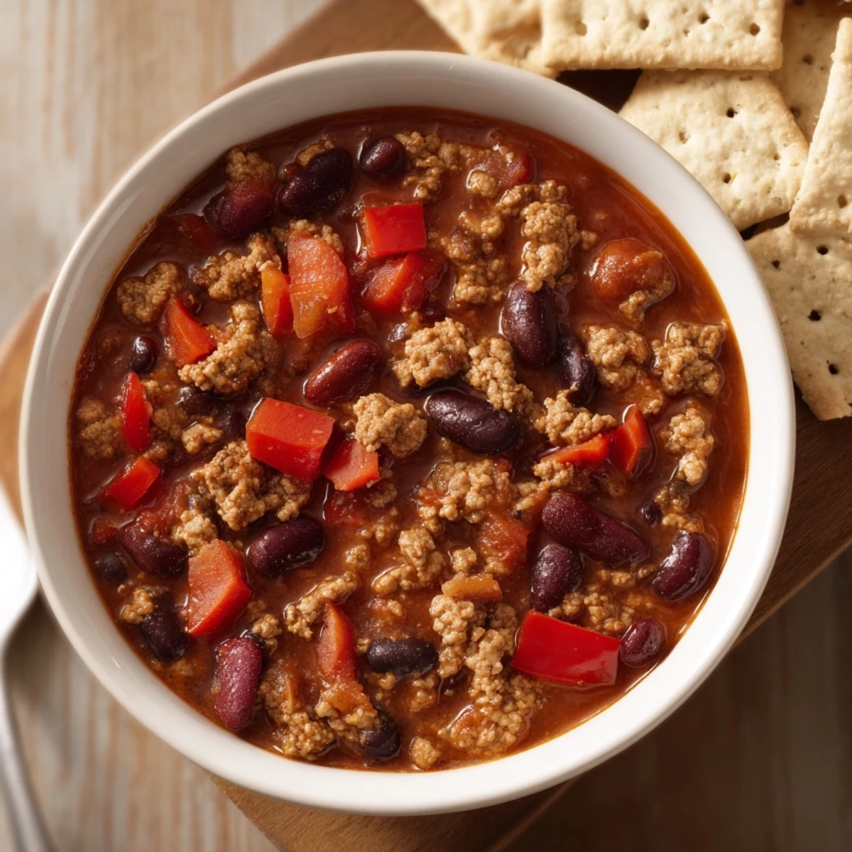 A steaming bowl of homemade turkey chili topped with melted cheddar cheese, cilantro, and a side of crackers.