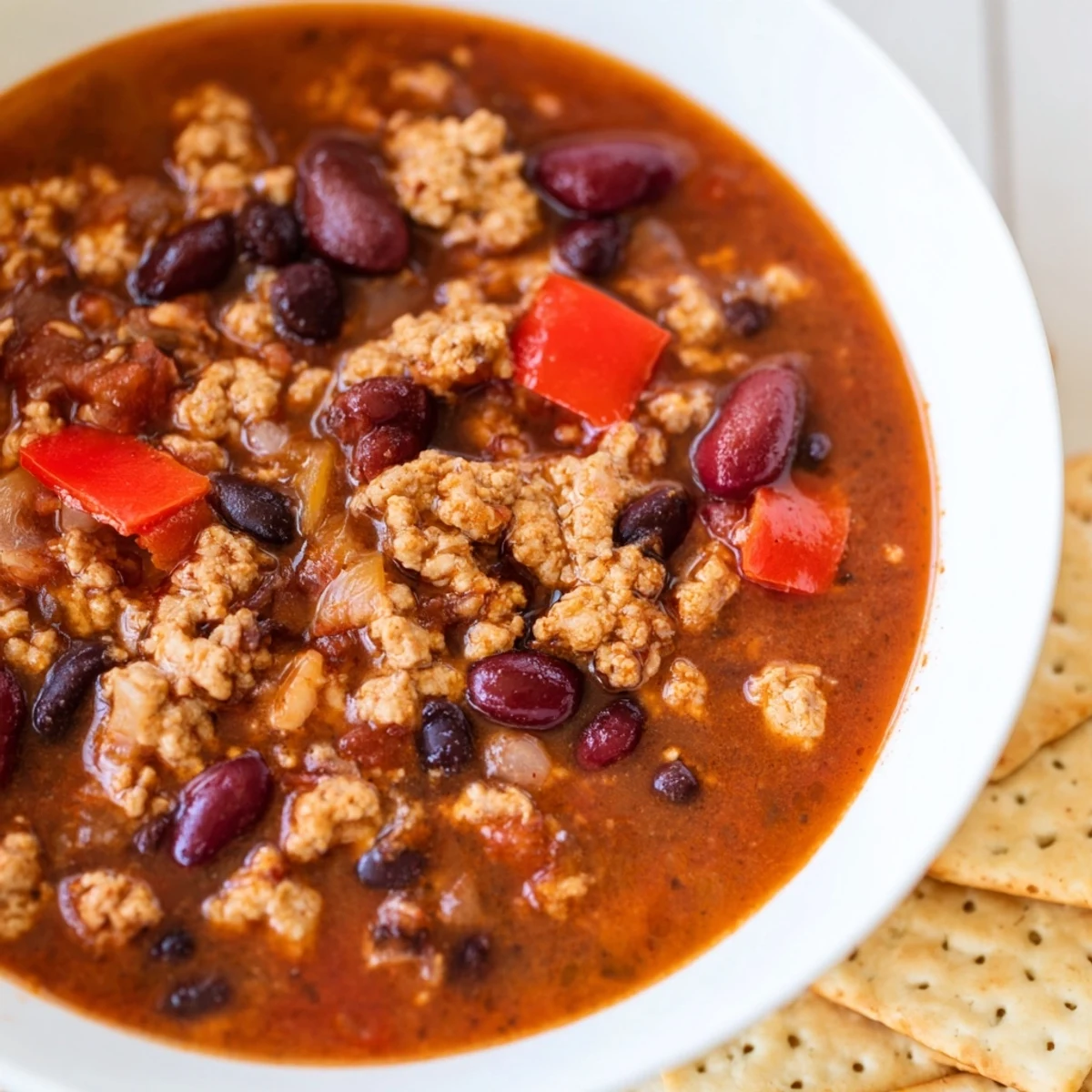 The rich, red turkey chili simmers in a rustic bowl, with crisp crackers ready for dipping on the side.