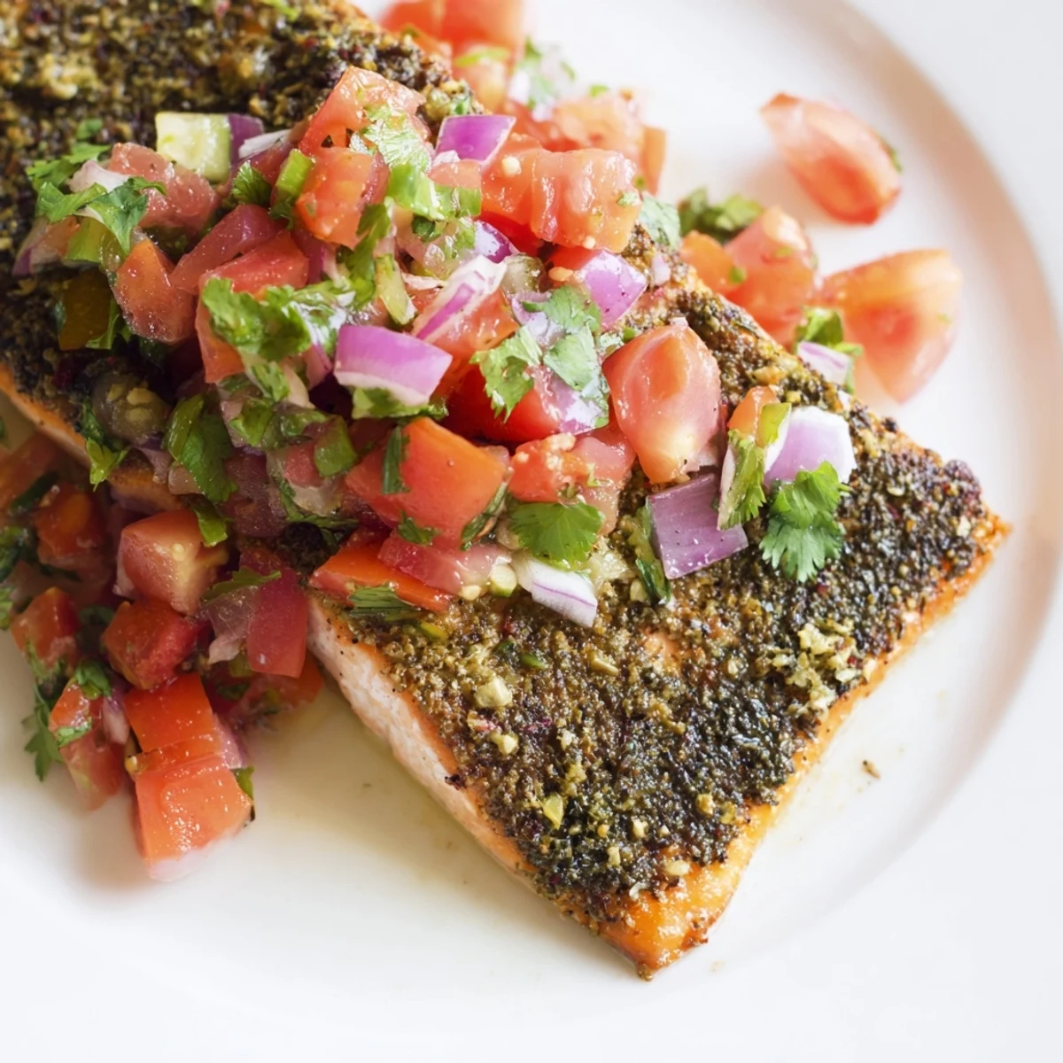 Flaky baked salmon fillets topped with fresh, zesty salsa fresca, served with lime wedges for a healthy main dish.  