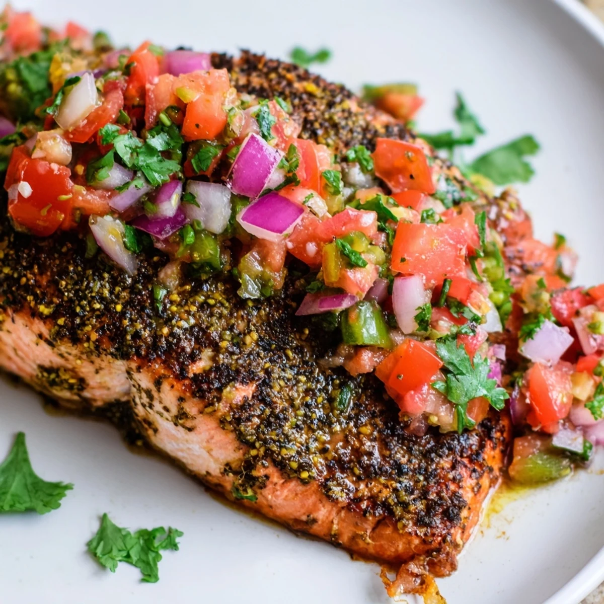 Golden baked salmon fillets in a rustic kitchen setting, garnished with vibrant salsa fresca and cilantro sprigs.  
