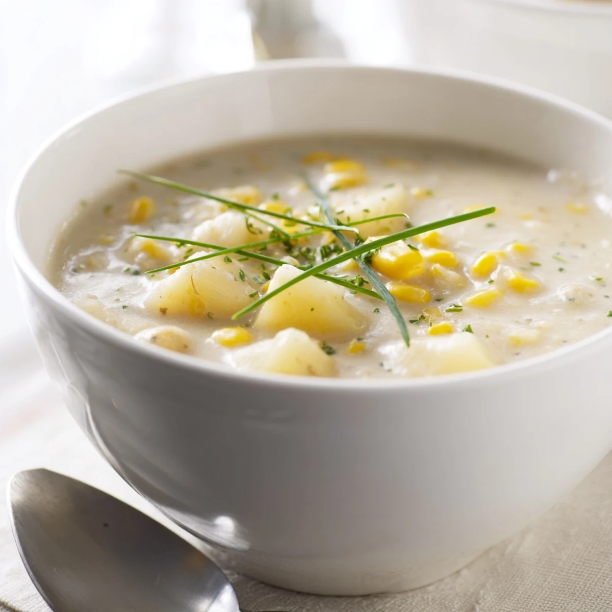 Hearty vegetarian chowder featuring sweet corn, diced potatoes, and velvety cream in a warm, comforting bowl.  