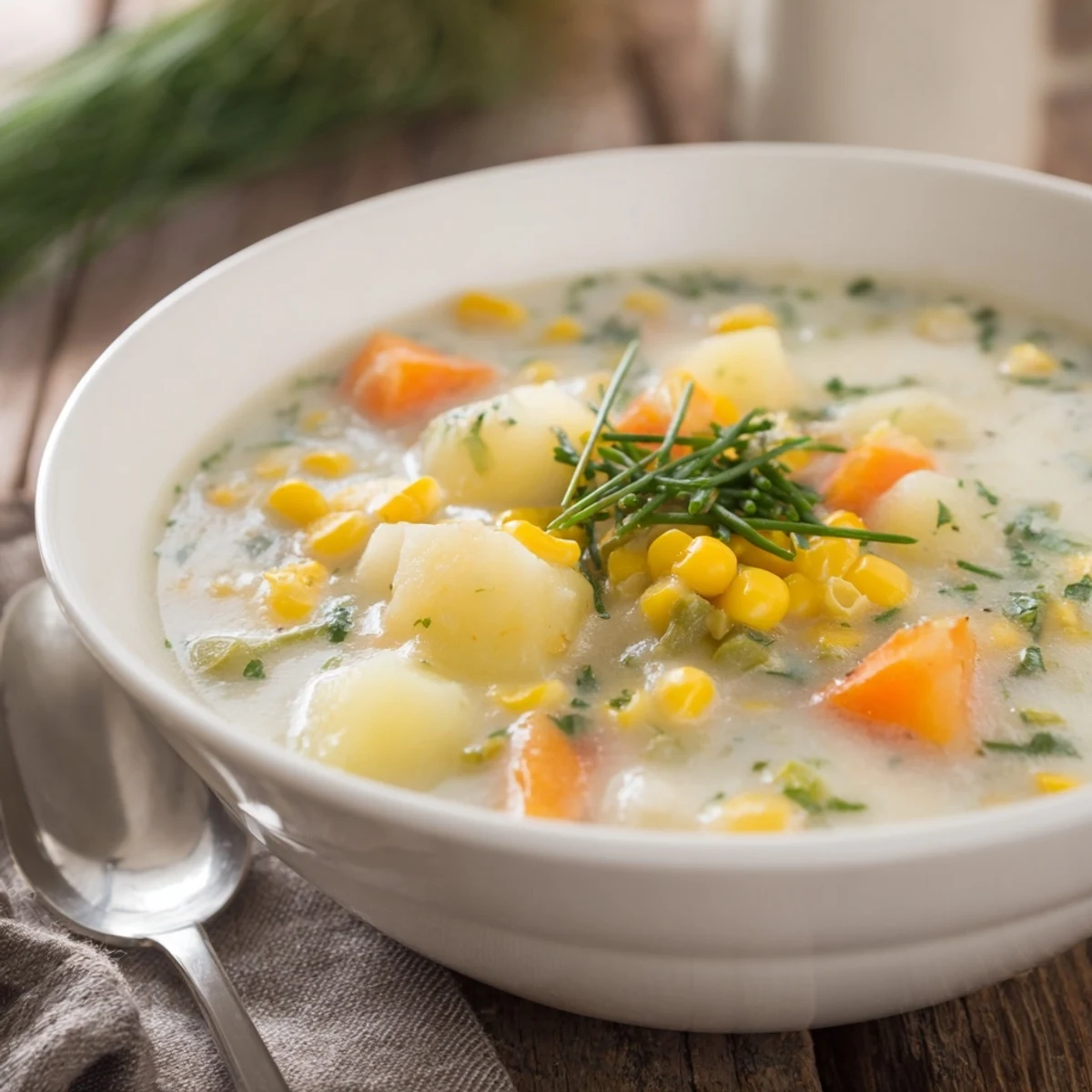 Golden corn and tender potatoes swim in a rich, creamy broth, perfect for cozy fall evenings.