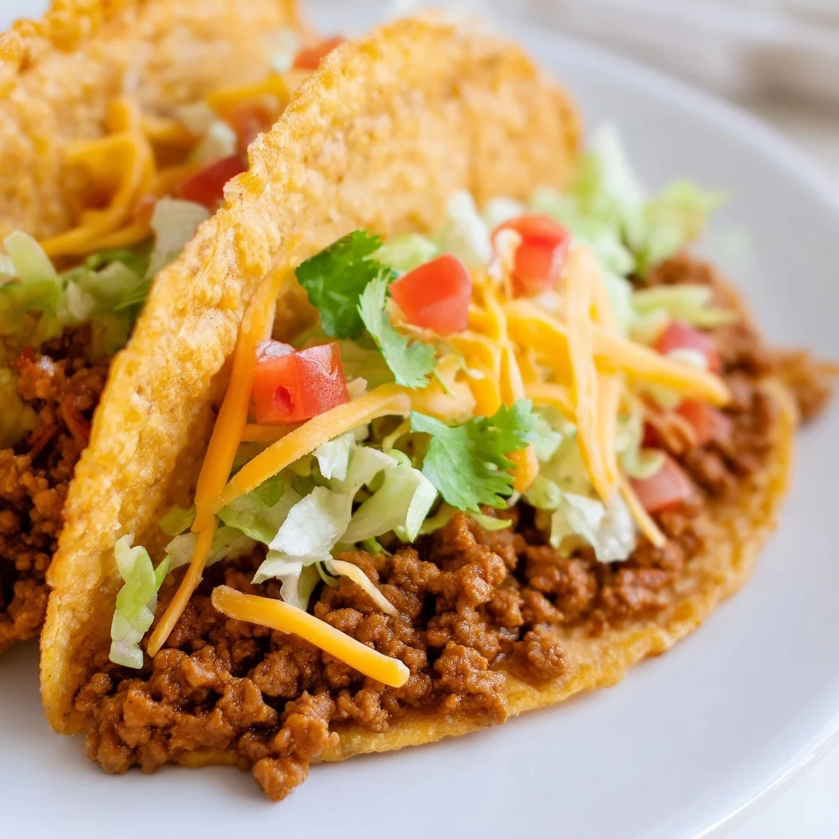 Golden-brown hard taco shells filled with savory seasoned ground beef and topped with fresh lettuce, shredded cheese, diced tomatoes, and sliced avocado for a family-friendly meal.