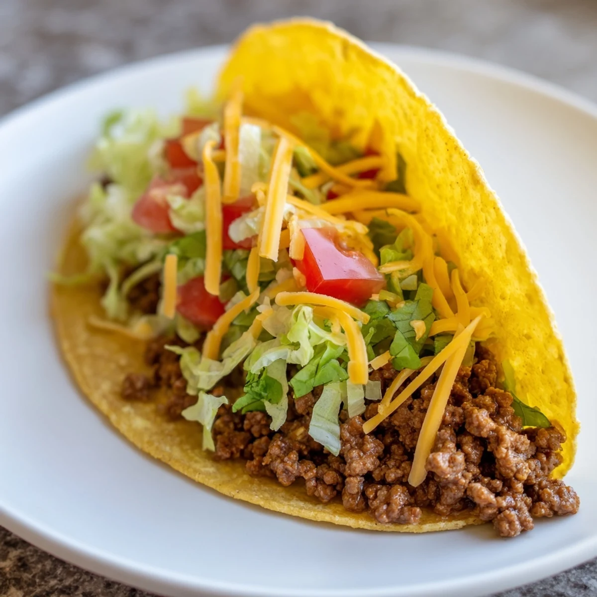 Sizzling seasoned ground beef nestled inside crispy hard taco shells, garnished with melted cheese, cool sour cream, and vibrant cilantro for a festive taco night.