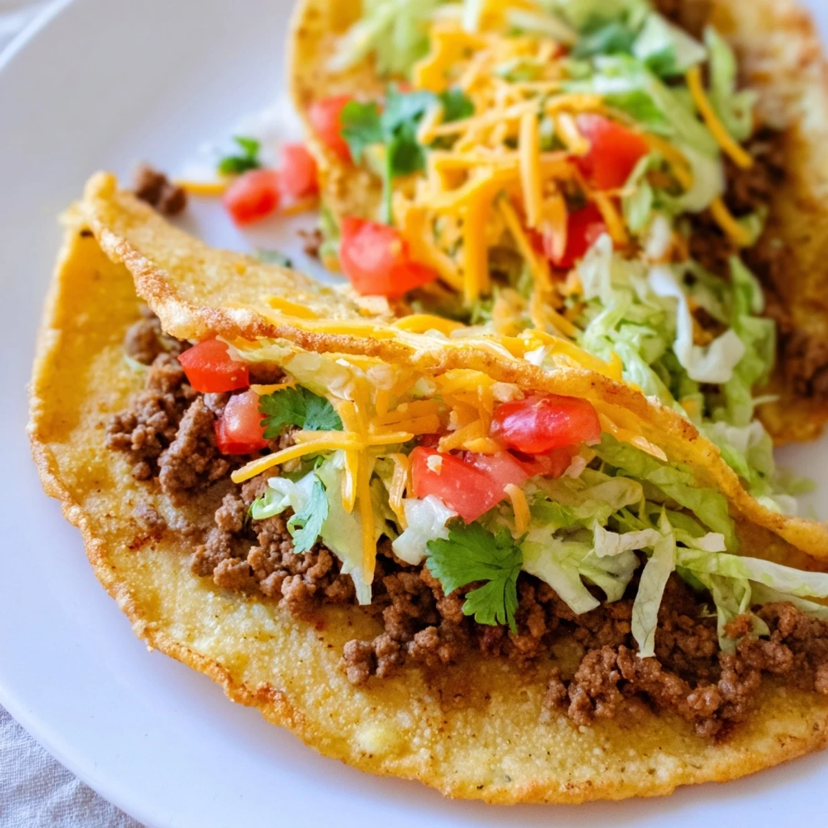 A close-up of a loaded hard-shell beef taco topped with black olives, diced tomatoes, and shredded lettuce, ready to be enjoyed by the whole family.