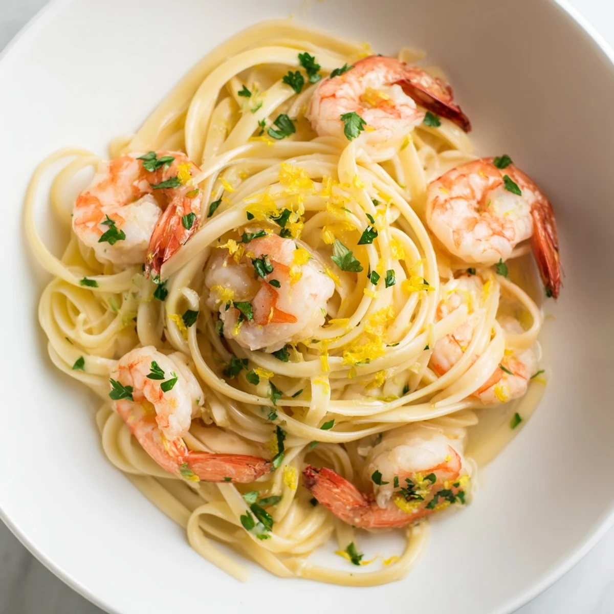 A close-up of Lemon Shrimp Pasta with Garlic, featuring plump shrimp and linguine coated in a glossy, zesty sauce.