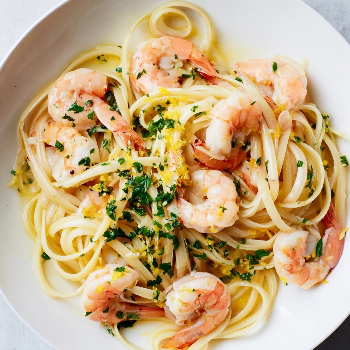 Steaming Lemon Shrimp Pasta with Garlic on a rustic plate, garnished with fresh parsley and lemon wedges for serving.
