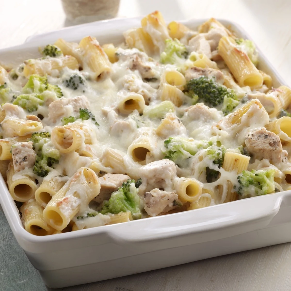 Golden, bubbling cheese tops a creamy pan of Chicken Alfredo Bake with Broccoli, featuring tender chicken and vibrant green florets.
