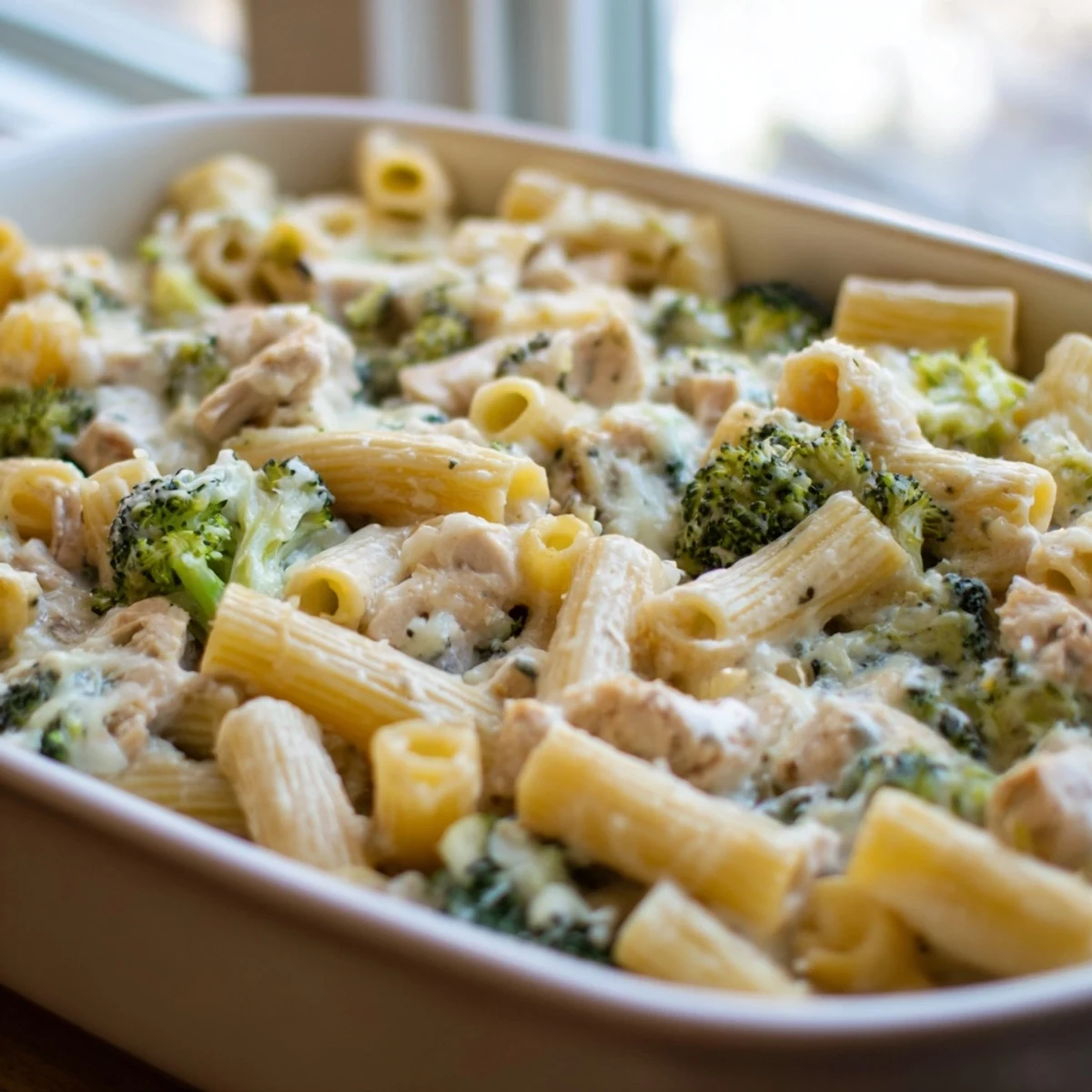 Steam rises from the hearty Chicken Alfredo Bake with Broccoli, a comforting dish perfect for a family dinner.