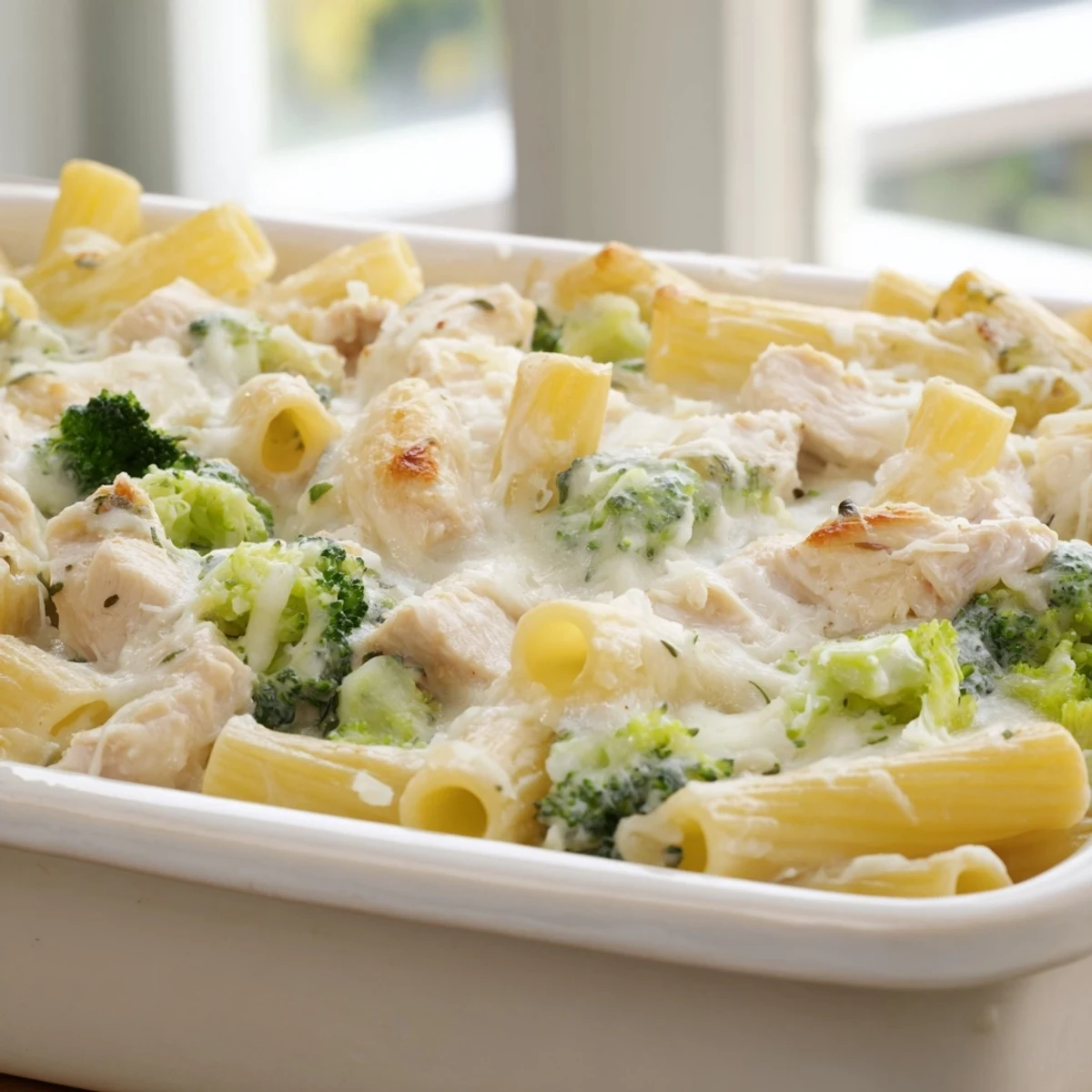 A close-up of baked pasta reveals melted mozzarella and parmesan coating Chicken Alfredo Bake with Broccoli.