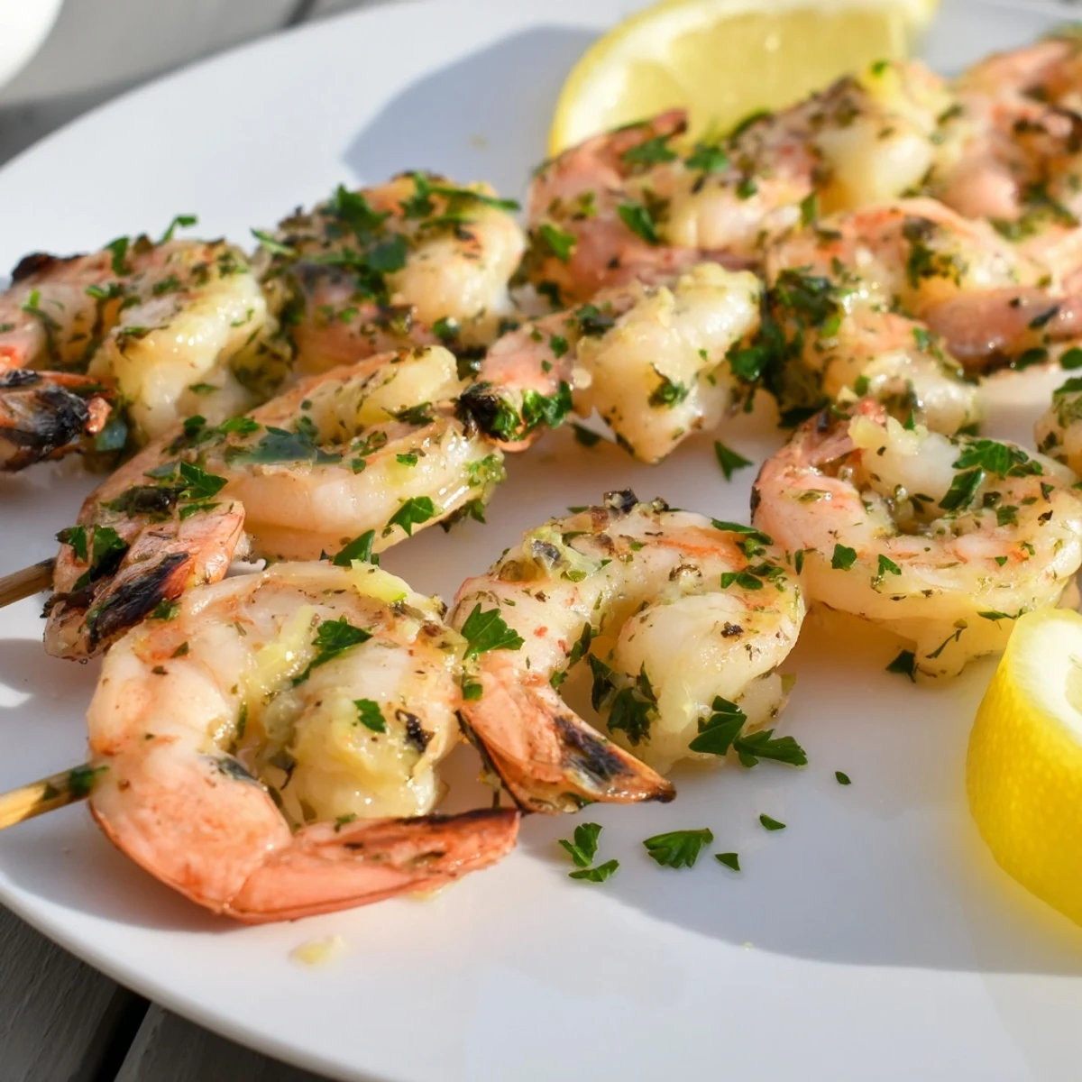 Sizzling Lemon Garlic Shrimp Skewers ready to serve, garnished with lemon wedges and parsley for a bright, summery meal.