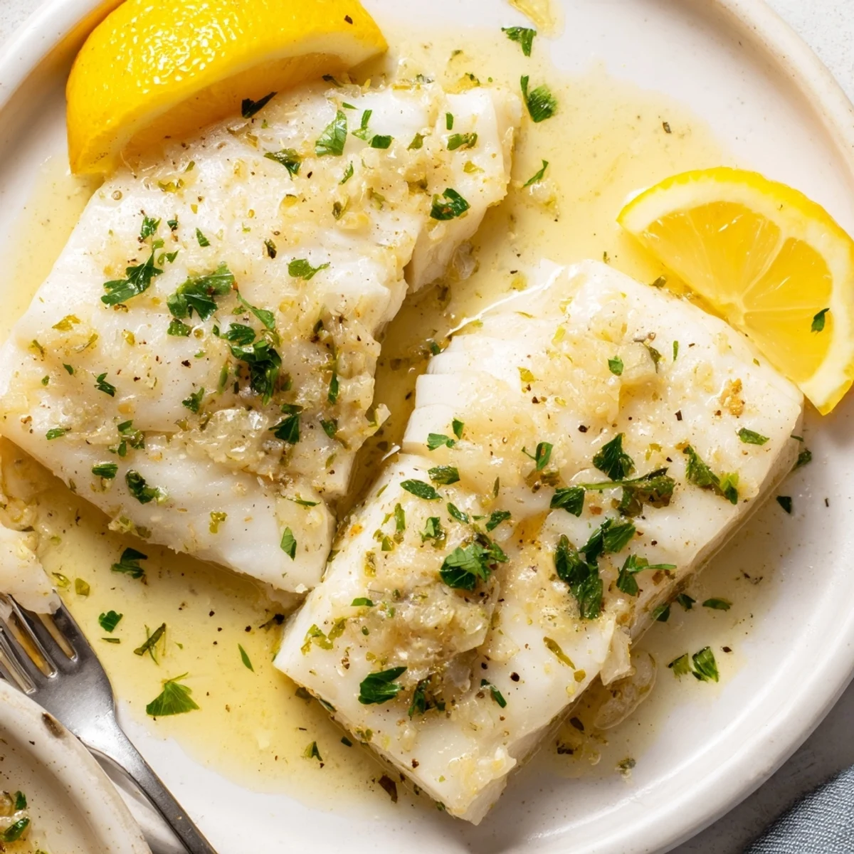 Golden-brown Baked Halibut with Lemon Butter, topped with fresh parsley and a lemon wedge on a white plate.