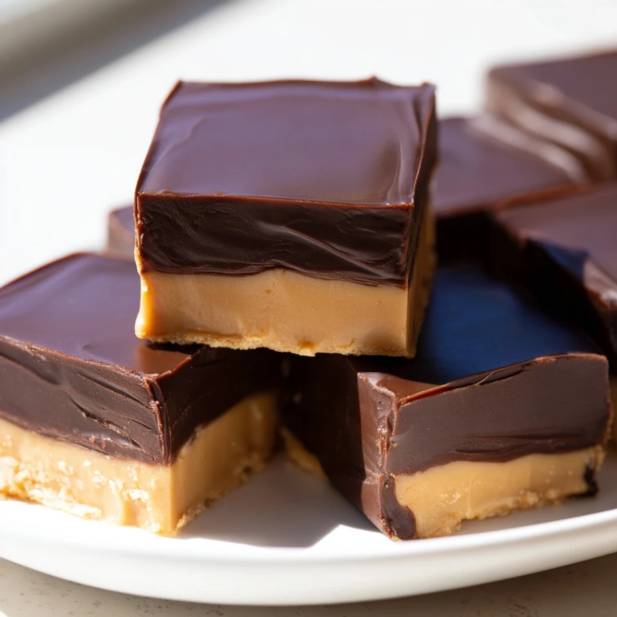 Rich chocolate peanut butter fudge squares with a glossy chocolate top and creamy peanut butter base on a rustic wood surface.  