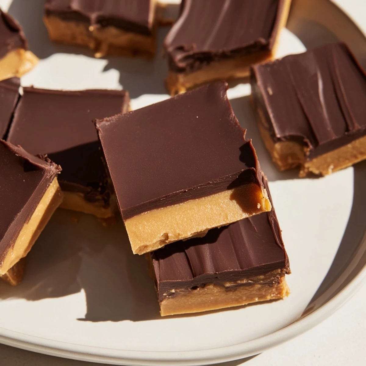 A close-up view of smooth chocolate peanut butter fudge cut into neat squares, perfect for gifting or dessert platters.  