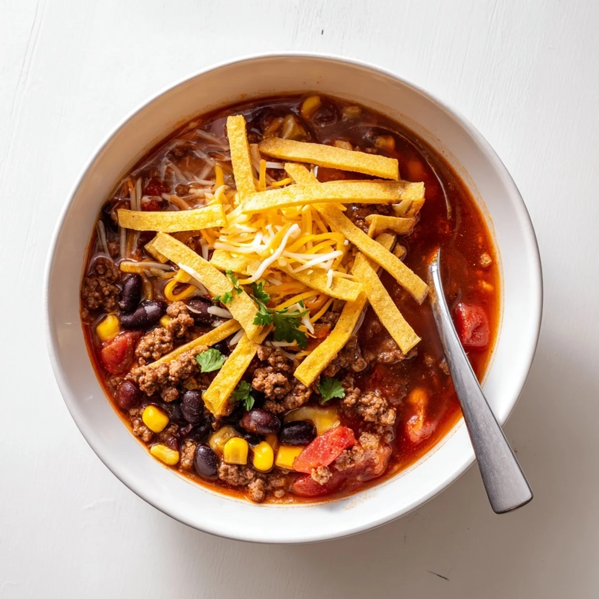 A spoonful of hearty Beef Enchilada Soup with ground beef, beans, and corn, held over a colorful bowl topped with tortilla strips.