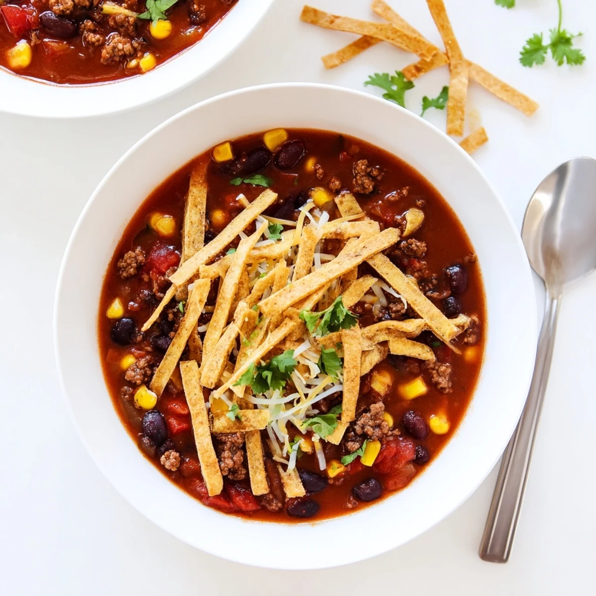 Beef Enchilada Soup steaming in a white pot, garnished with tortilla strips, shredded cheese, and a lime wedge on the side.