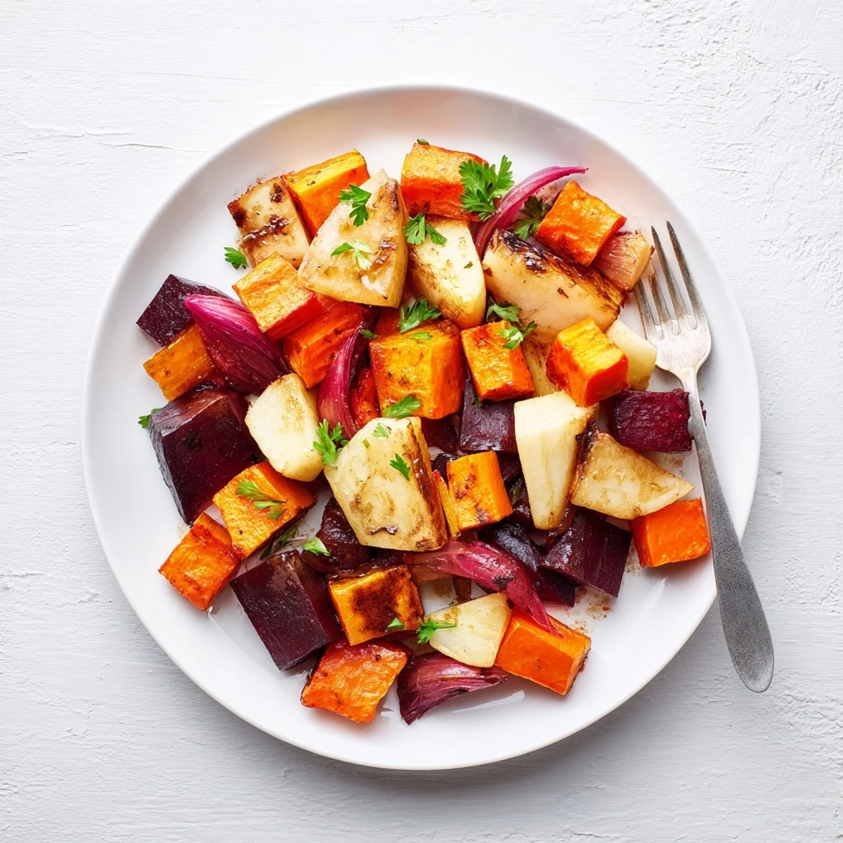 A vibrant platter of Roasted Root Vegetables with Balsamic, featuring caramelized carrots and beets glistening with tangy glaze.