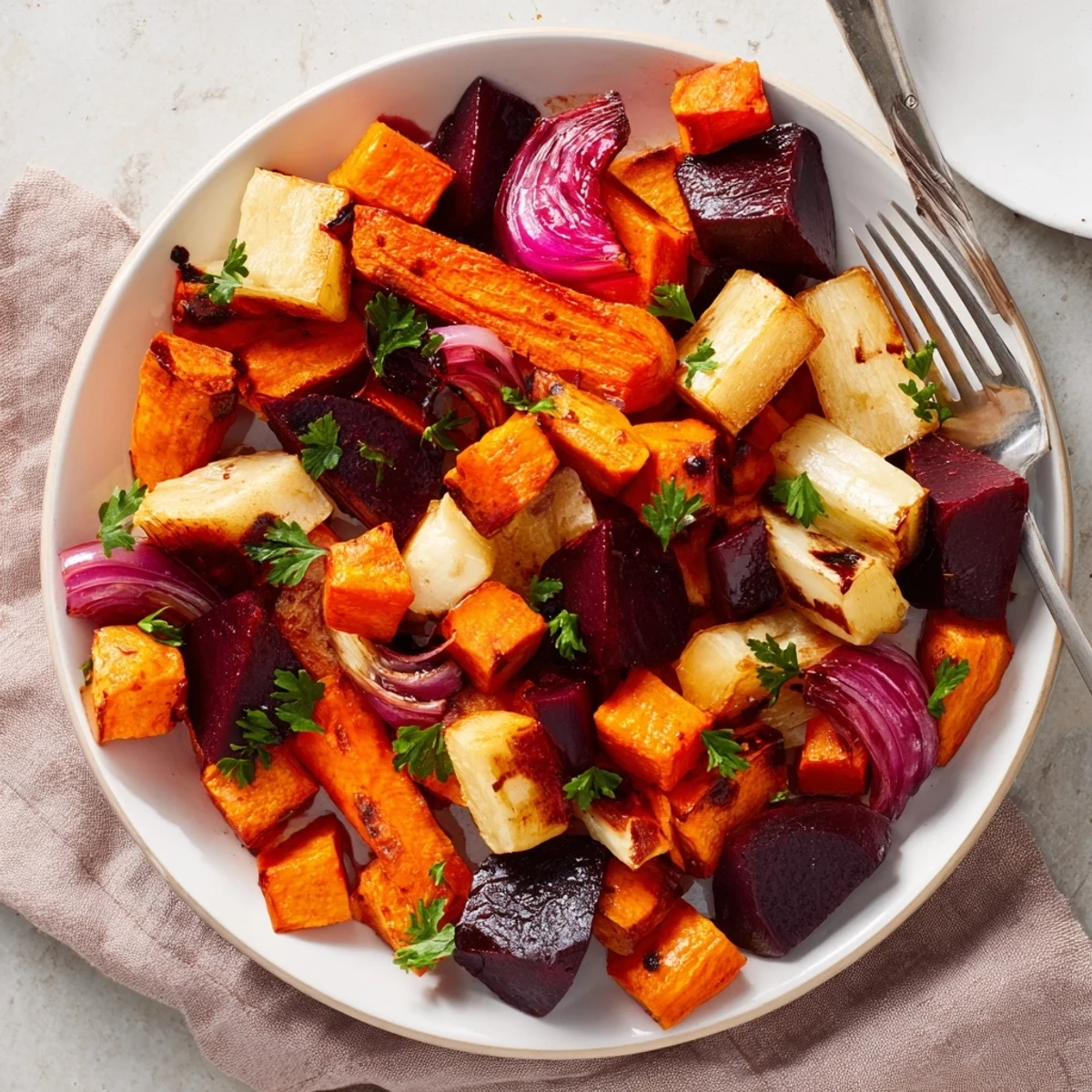 Freshly roasted root vegetables with balsamic glaze, served warm as a colorful side dish for a holiday meal.