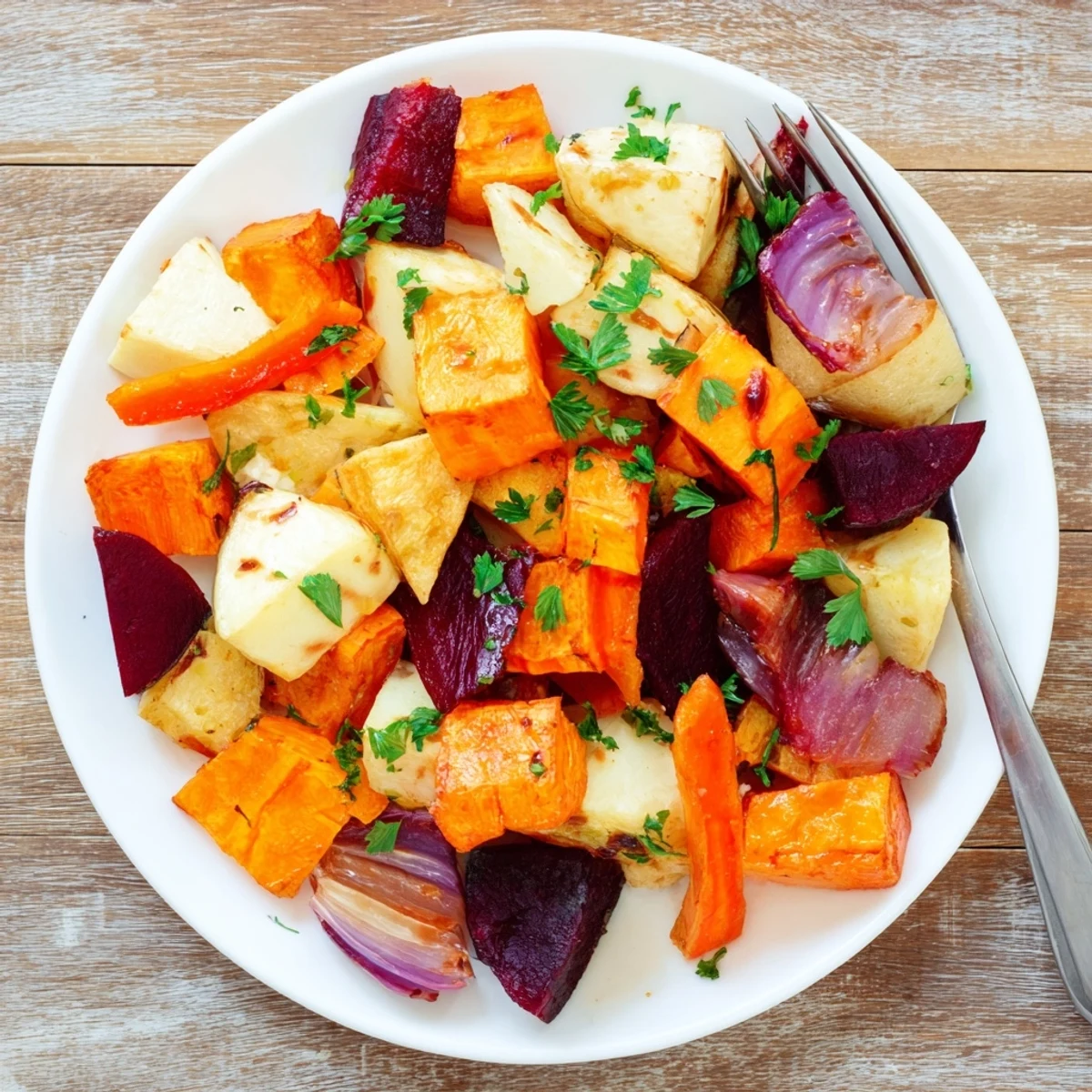 Caramelized Roasted Root Vegetables with Balsamic on a rustic platter, garnished with fresh parsley and ready to serve.