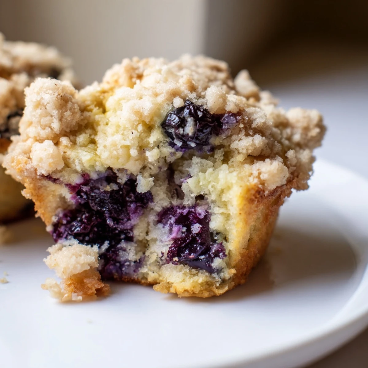 Freshly baked Lemon Blueberry Muffins with Streusel resting on a wire rack, showcasing golden edges and a crumbly, buttery topping.