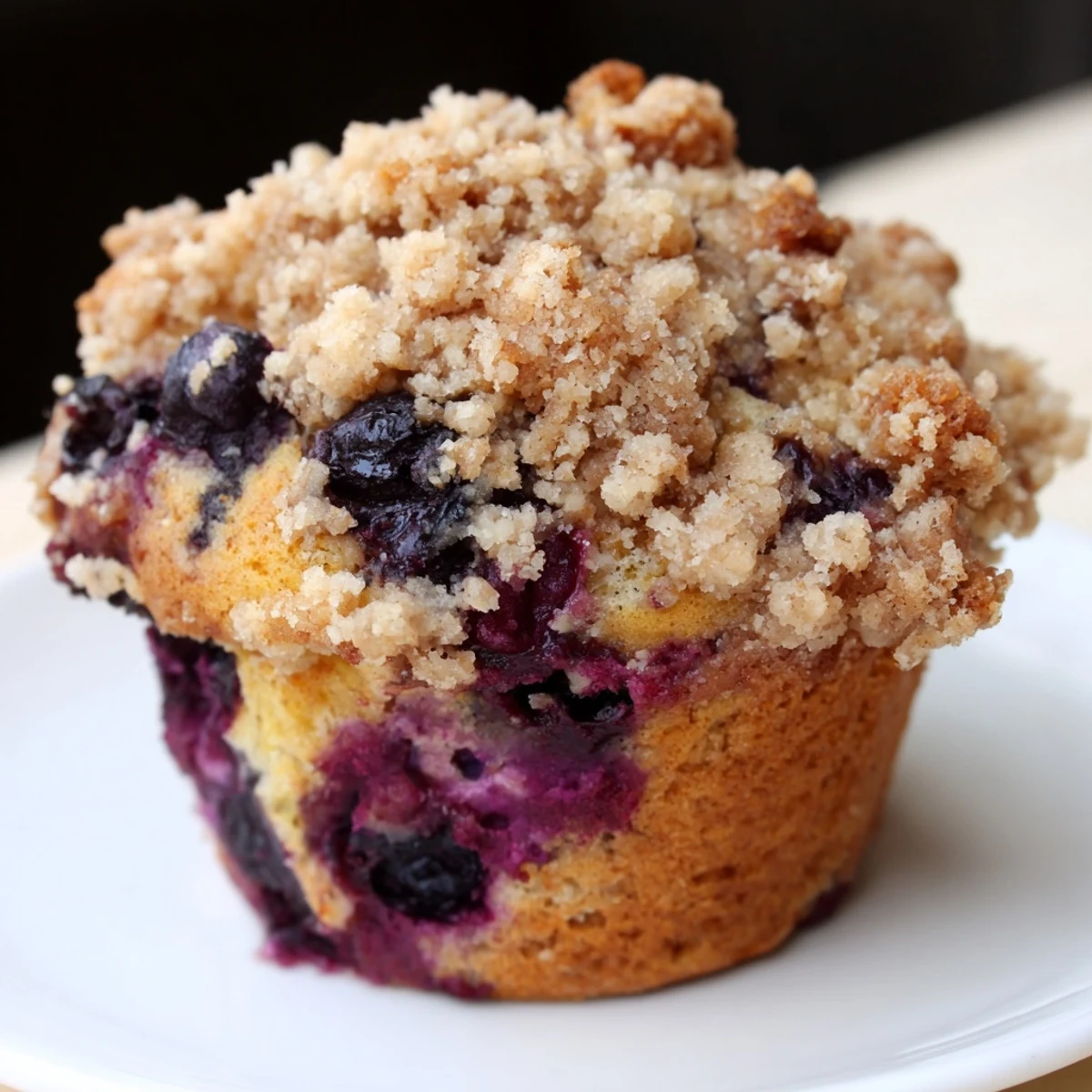 A close-up of a halved Lemon Blueberry Muffin with Streusel revealing a tender, moist interior bursting with bright blueberries and citrus.