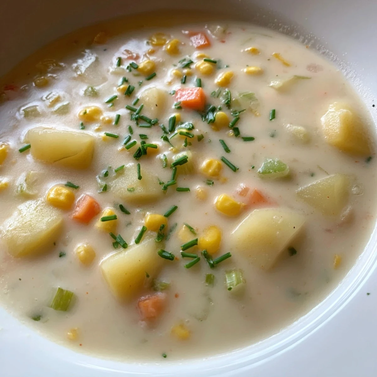 A serving of Creamy Corn and Potato Chowder with chopped chives and sweet corn kernels, ready to eat.