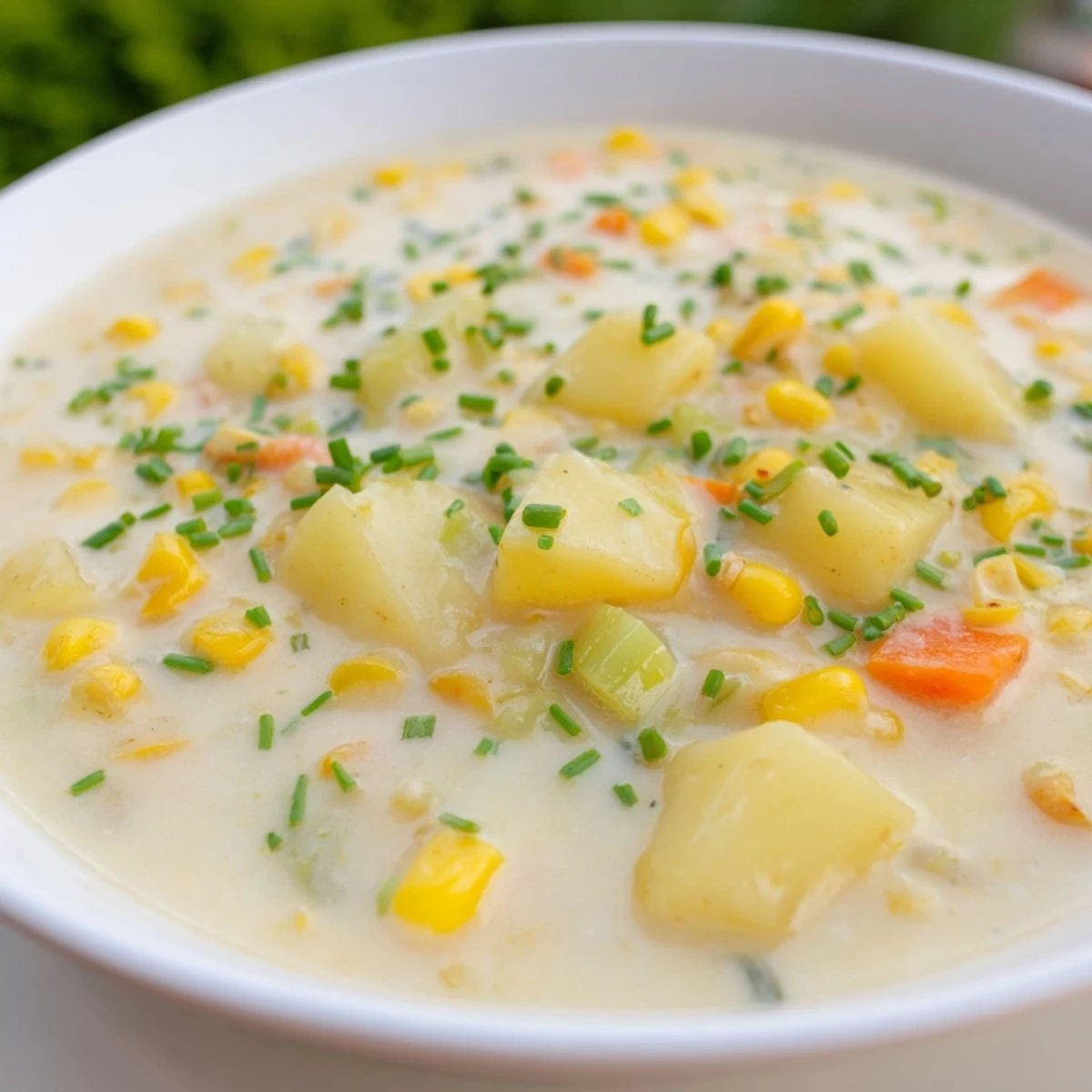 A close-up of Creamy Corn and Potato Chowder, garnished with fresh chives and a spoon revealing the velvety soup.