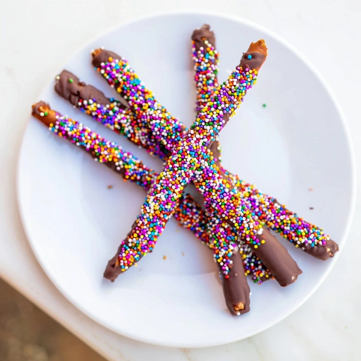 Golden-brown chocolate covered pretzels with sprinkles arranged on a parchment-lined tray, ready to set.