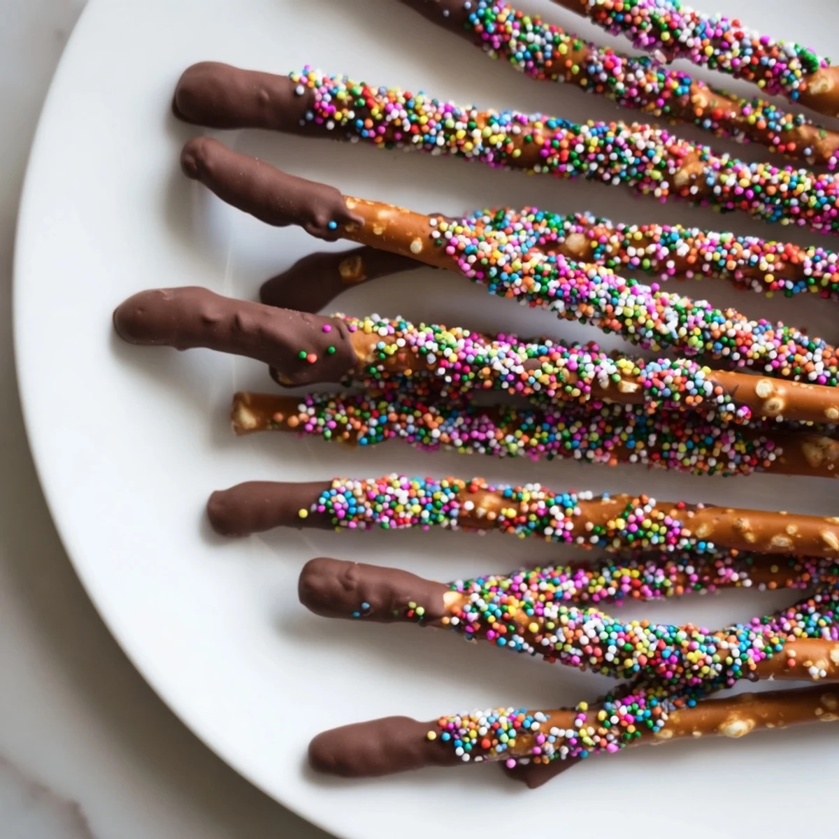 Chocolate covered pretzels with sprinkles stacked on a white plate, showcasing the crunchy, sweet snack.