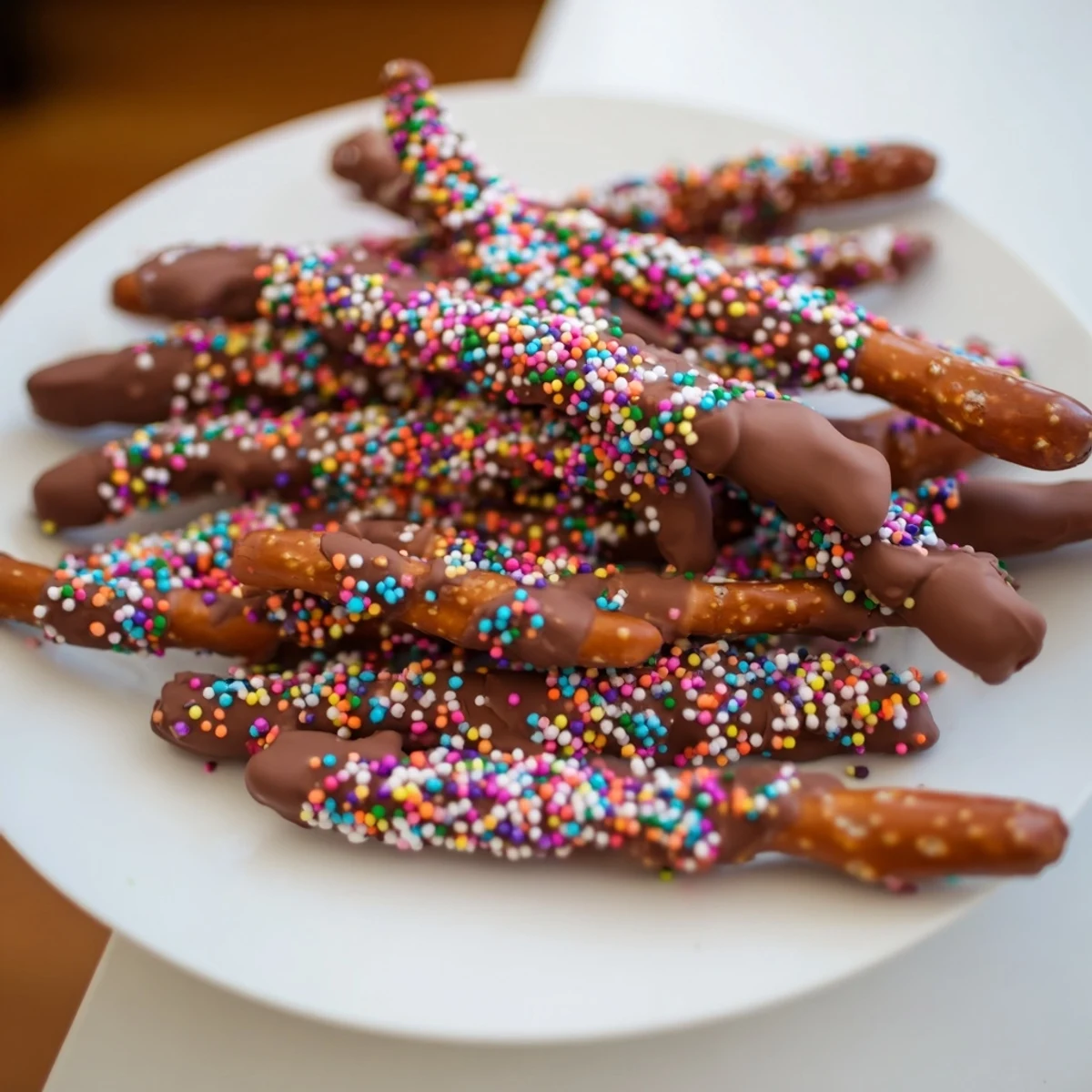 A close-up view of chocolate covered pretzels with sprinkles, highlighting the glossy coating and colorful toppings.
