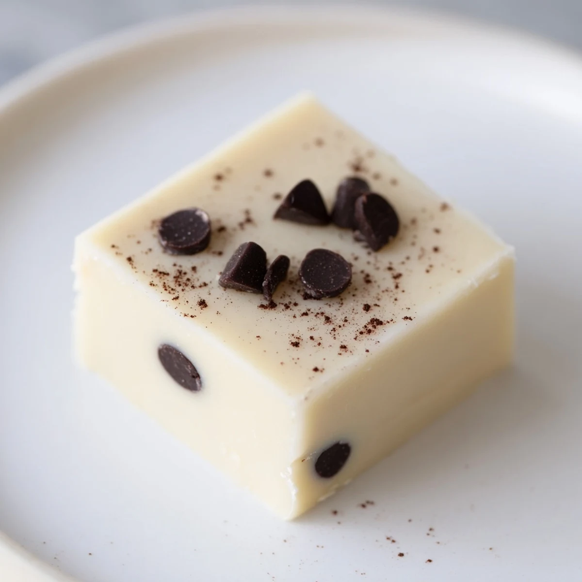 Cut squares of rich Irish Cream Fudge, topped with mini chocolate chips and set on a cooling rack.