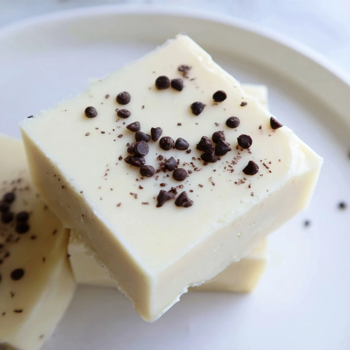 A close-up of creamy Irish Cream Fudge squares, garnished with chocolate shavings beside a cup of coffee.