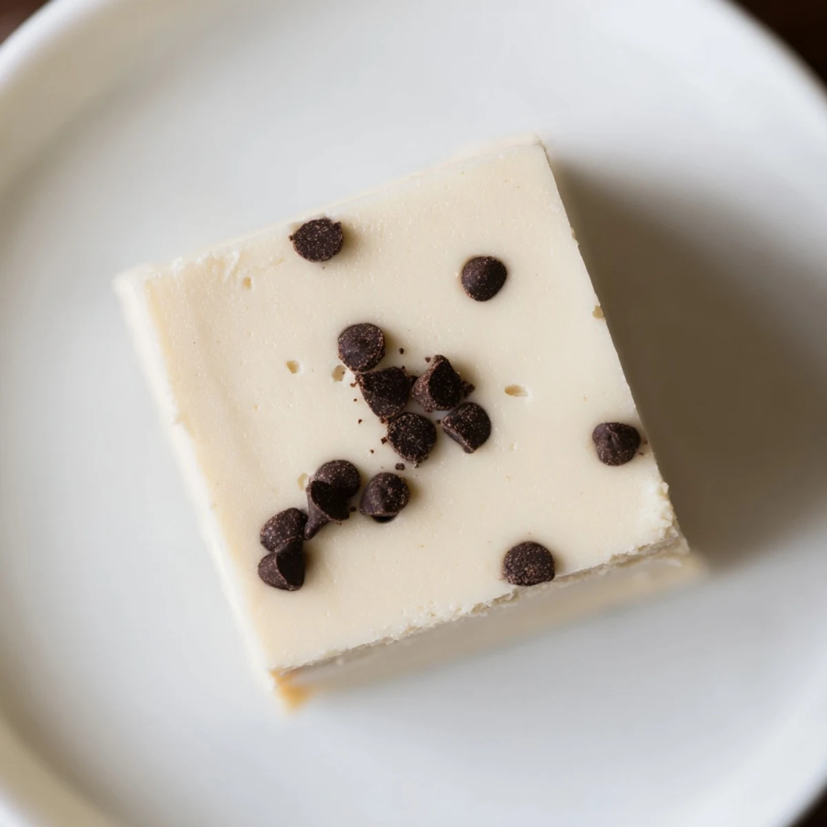 Thick slices of fudge topped with chocolate chips are displayed on a white plate, perfect for serving.