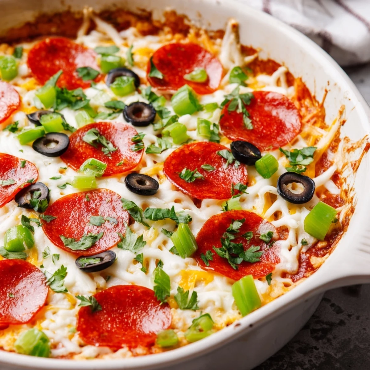 Golden, bubbly Game Day Pepperoni Pizza Dip emerges from the oven with melted mozzarella and cheddar, ready to be scooped up with crunchy pita chips.  