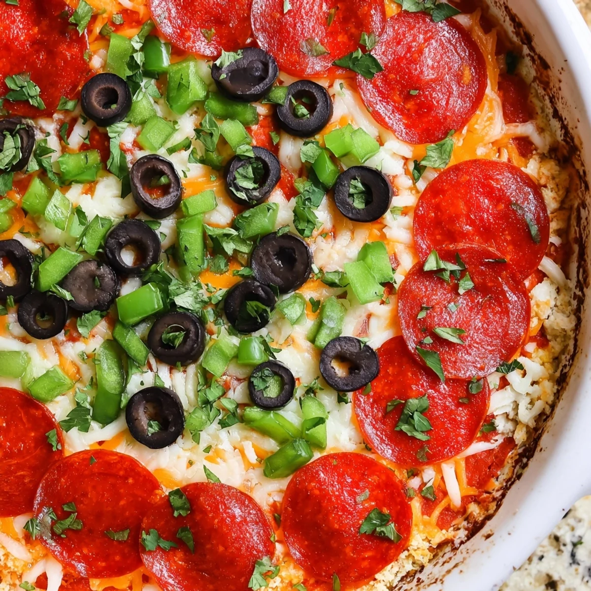 A close-up of Game Day Pepperoni Pizza Dip reveals halal pepperoni slices, diced green bell peppers, and black olives atop a rich, creamy cheese base.  