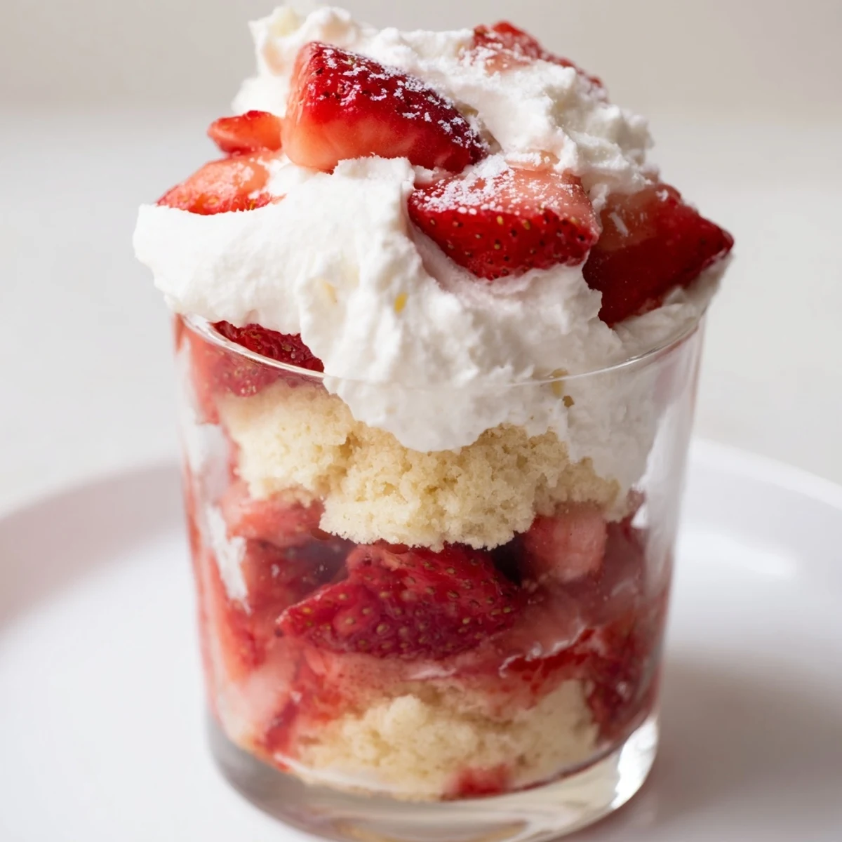 Fresh strawberry juices soak into Valentine Strawberry Shortcake Cups beside a dollop of whipped cream.