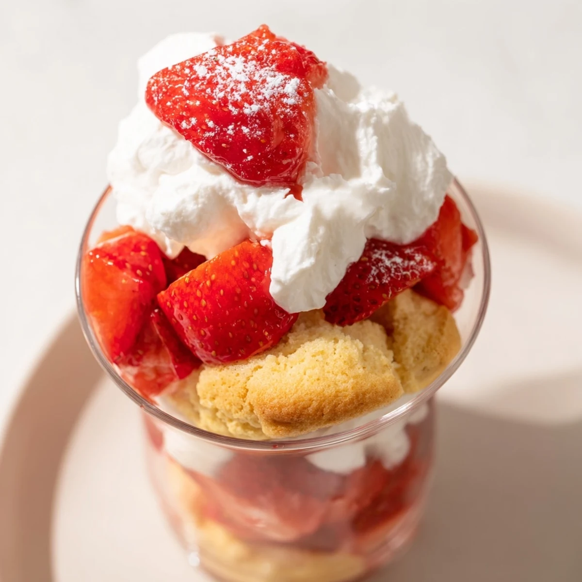 Six serving cups of Valentine Strawberry Shortcake Cups, ready for a romantic dessert night.