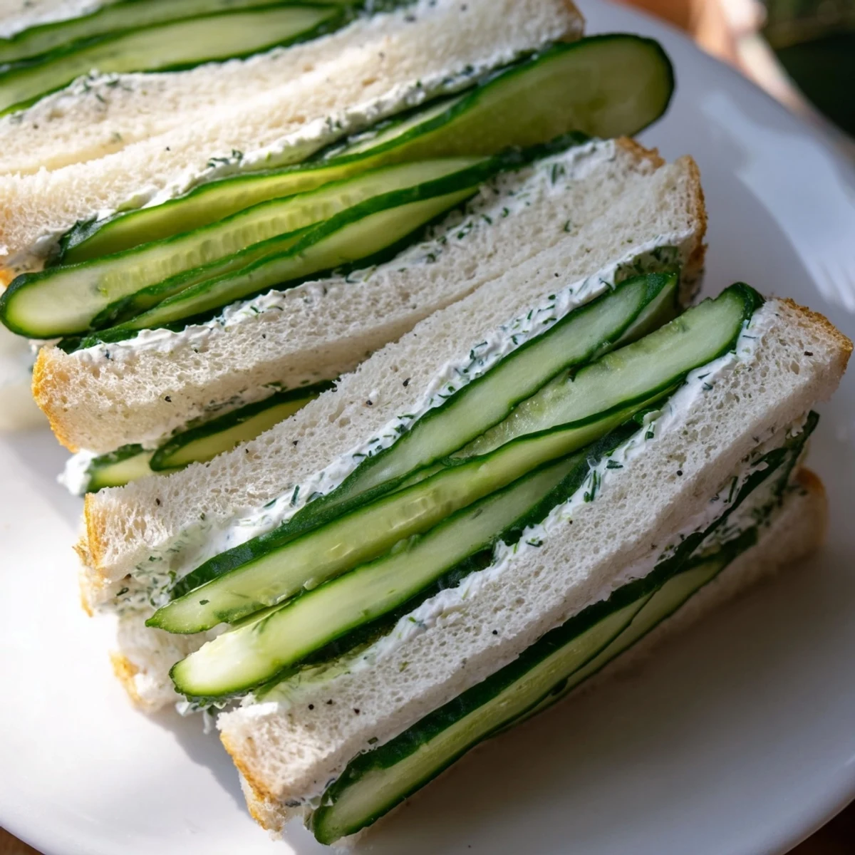 Green Cucumber Sandwiches with Cream Cheese, cut into neat tea-time fingers, sit on a rustic plate ready to serve.