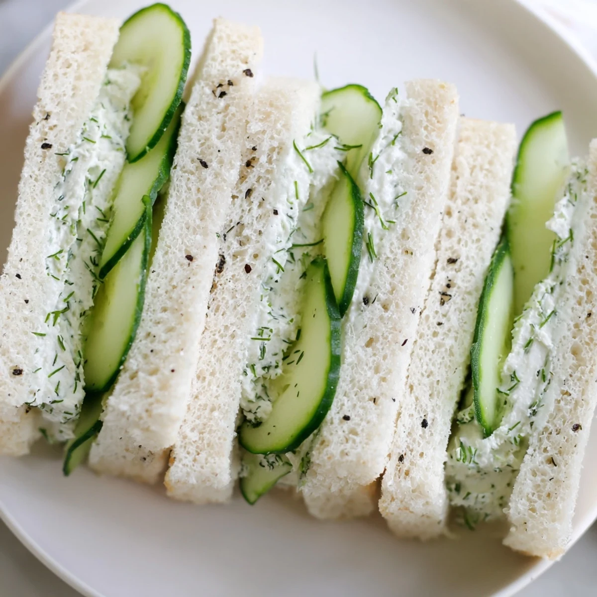 Freshly made Green Cucumber Sandwiches with Cream Cheese feature herbed spread and crisp English cucumber slices on white bread.