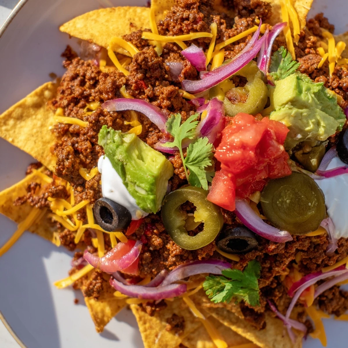 Golden, melted cheddar and Monterey Jack cheese blanket seasoned ground beef, fresh tomatoes, and jalapeños on crispy tortilla chips for a festive Championship Nacho Platter.  