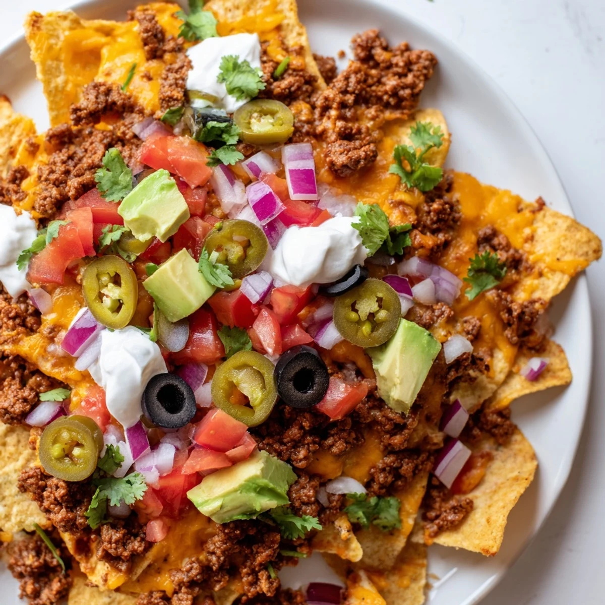 A close-up of a steaming, oven-baked Championship Nacho Platter features spiced beef, black olives, and a drizzle of sour cream.  