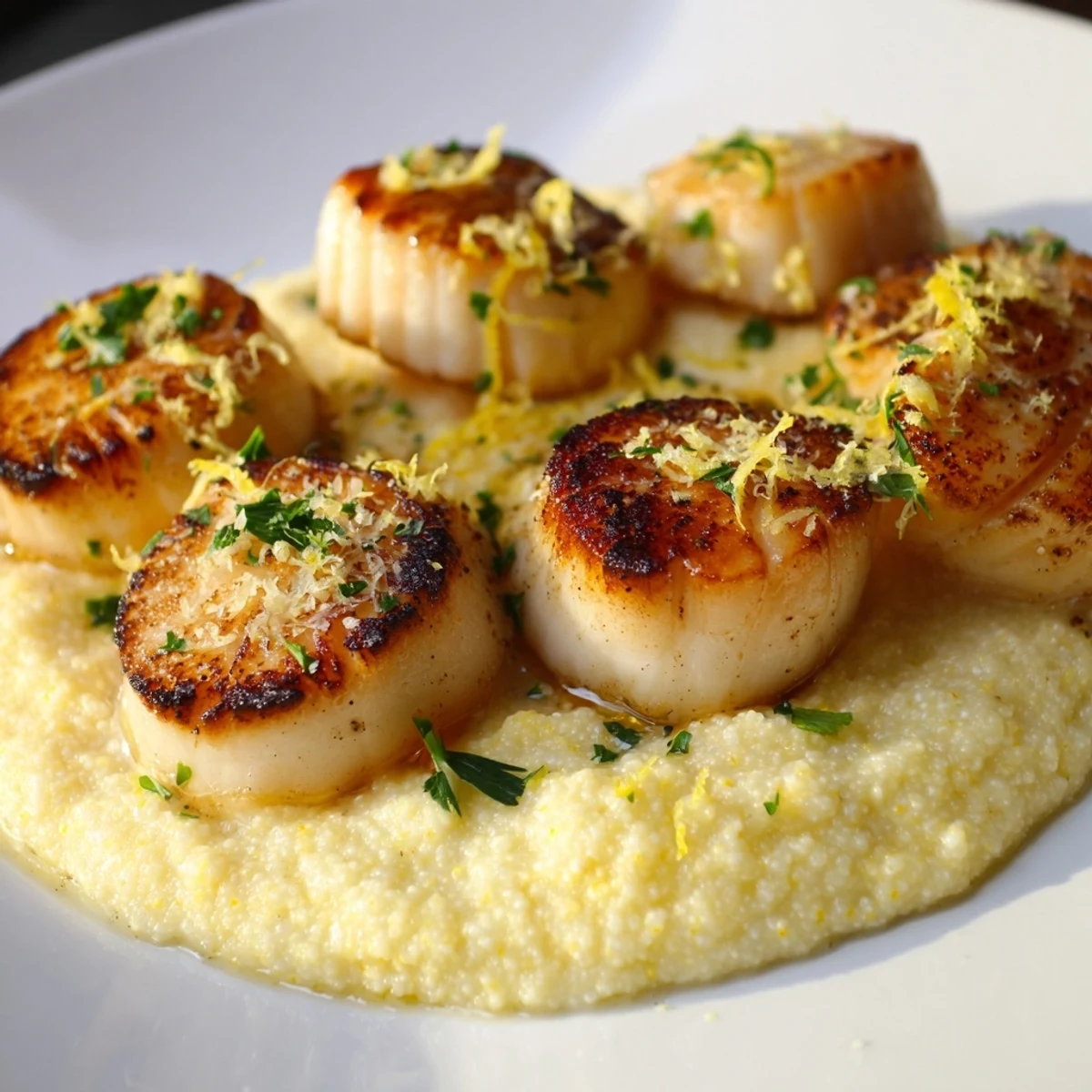 A close-up of Romantic Scallops with Polenta, featuring tender seafood atop rich, cheesy cornmeal with a lemon wedge.  