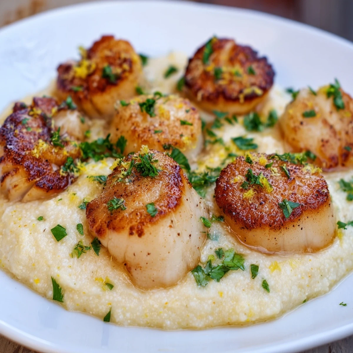 Dinner for two: succulent scallops served over silky, buttery polenta, finished with fresh herbs and a bright lemon drizzle.