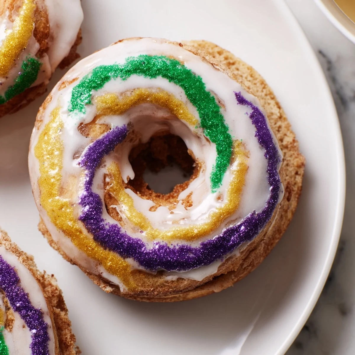 Freshly baked Mardi Gras King Cake Donuts glazed with sweet icing and sprinkled with purple, green, and gold sugars on a wire rack.  